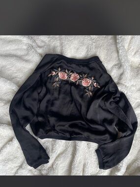 Zara Black Satin Bomber with Pink Floral Embroidery